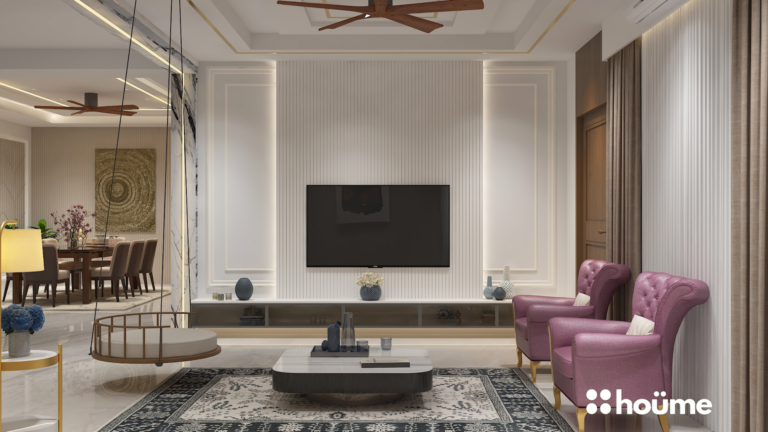 A modern living room with a white tufted sofa, two purple accent chairs, and a hanging swing chair. D