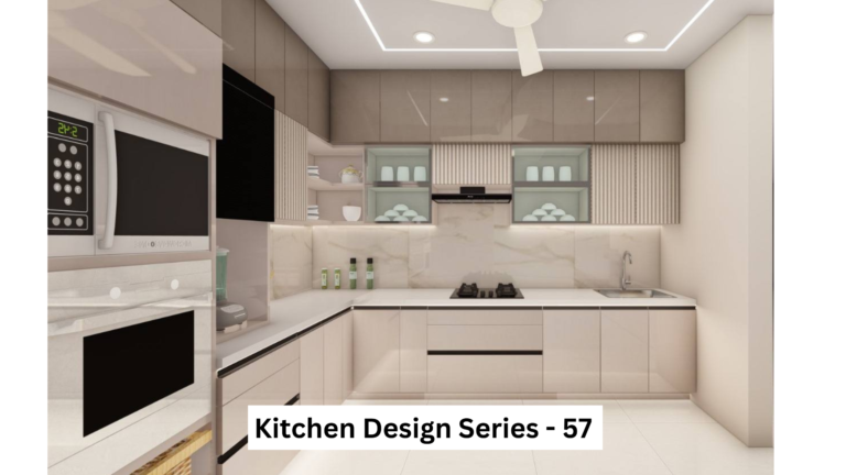 A modern L-shaped kitchen with beige cabinets, a marble backsplash, and integrated appliances. A
