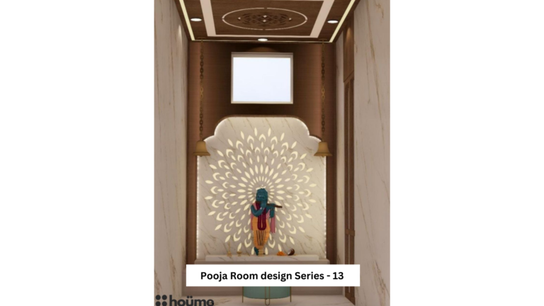 A modern pooja room design with a backlit floral backdrop and a Krishna idol. A