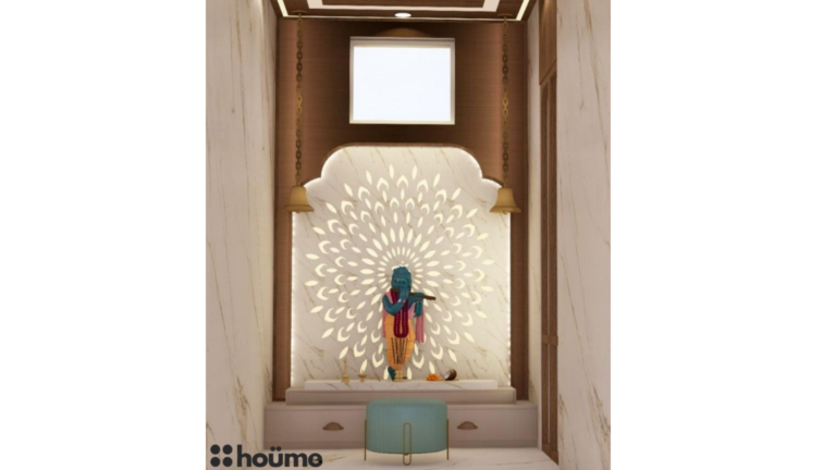 A modern pooja room design with a backlit floral backdrop and a Krishna idol. B