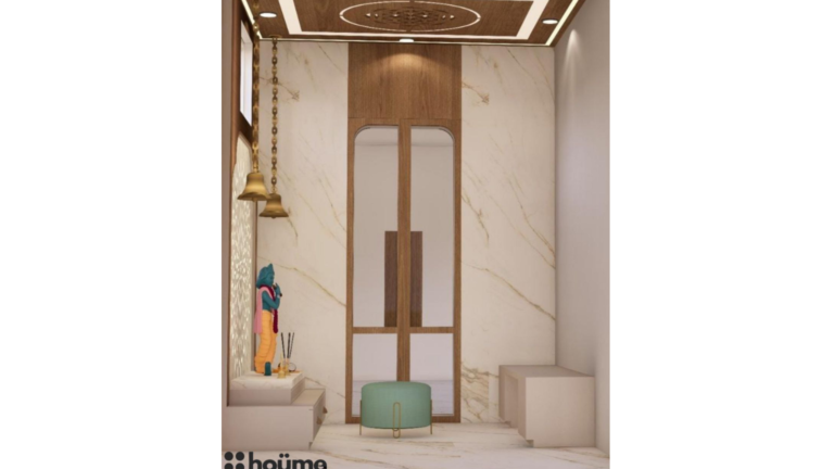 A modern pooja room design with a backlit floral backdrop and a Krishna idol. D