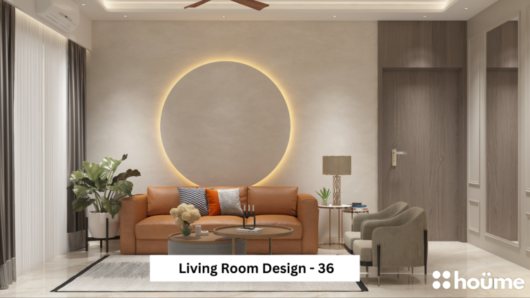 A modern living room design with a brown leather sofa, accented with orange pillows, facing a circular backlit wall feature. A