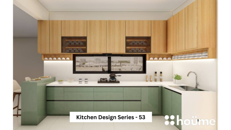 A modern L-shaped kitchen with light wood upper cabinets, sage green lower cabinets, and a breakfast bar. A