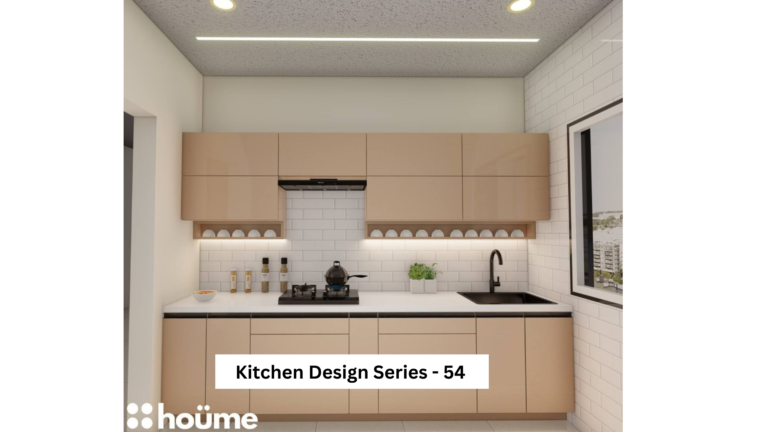 A modern, compact kitchen with light wood cabinets, a white subway tile backsplash, and black countertops. A