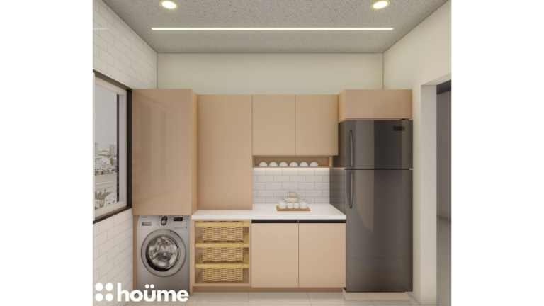 A modern, compact kitchen with light wood cabinets, a white subway tile backsplash, and black countertops. B