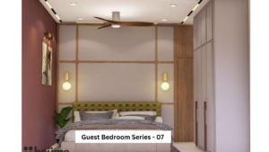 A modern guest bedroom design with a maroon accent wall, a grid-patterned headboard wall, and a wooden wardrobe. A