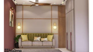A modern guest bedroom design with a maroon accent wall, a grid-patterned headboard wall, and a wooden wardrobe. B