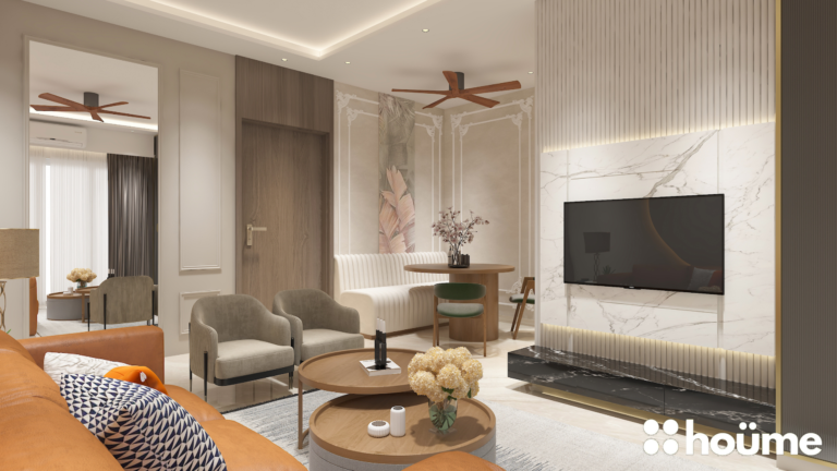 A modern living room design with a brown leather sofa, accented with orange pillows, facing a circular backlit wall feature. B