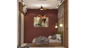 A modern guest bedroom design with a maroon accent wall, a grid-patterned headboard wall, and a wooden wardrobe. C