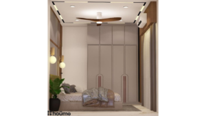 A modern guest bedroom design with a maroon accent wall, a grid-patterned headboard wall, and a wooden wardrobe. D