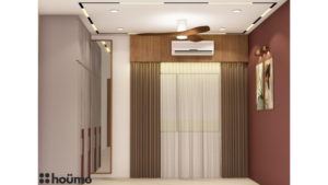 A modern guest bedroom design with a maroon accent wall, a grid-patterned headboard wall, and a wooden wardrobe. E