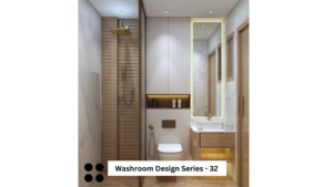 A modern bathroom with a walk-in shower featuring wood-effect tiles, a floating vanity, and a large mirror with backlighting. A