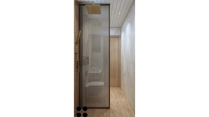 A modern bathroom with a walk-in shower featuring wood-effect tiles, a floating vanity, and a large mirror with backlighting. B