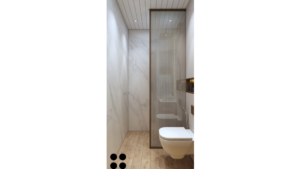 A modern bathroom with a walk-in shower featuring wood-effect tiles, a floating vanity, and a large mirror with backlighting. C
