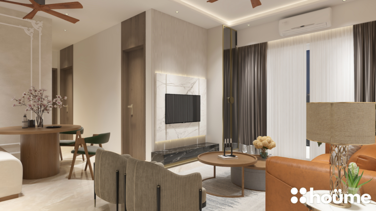 A modern living room design with a brown leather sofa, accented with orange pillows, facing a circular backlit wall feature. C