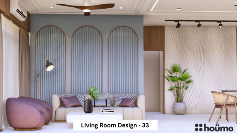 A modern living room design with a blue accent wall featuring decorative arches, a comfortable seating area, and textured wall panels. A