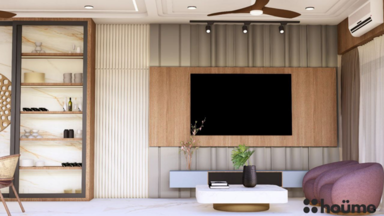 A modern living room design with a blue accent wall featuring decorative arches, a comfortable seating area, and textured wall panels. B