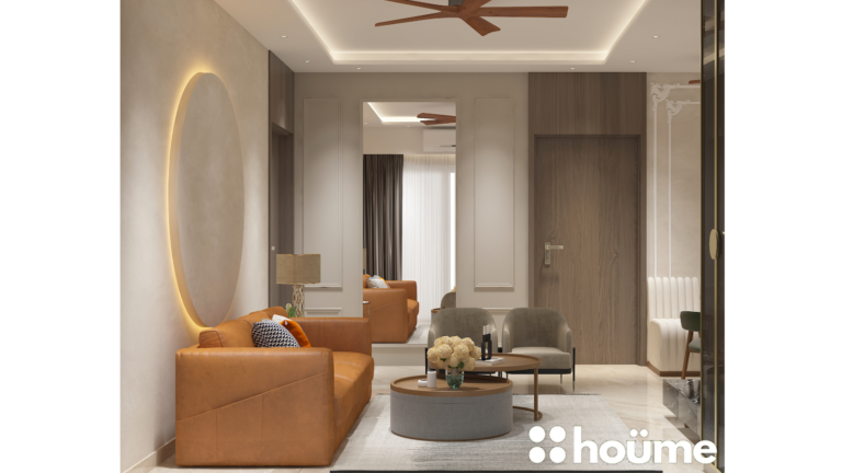 A modern living room design with a brown leather sofa, accented with orange pillows, facing a circular backlit wall feature. D