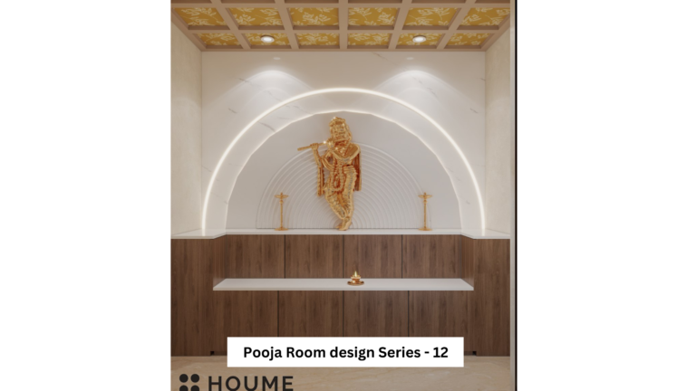 A modern Pooja room design with a white marble backdrop, a golden statue of Lord Krishna, and warm lighting. A