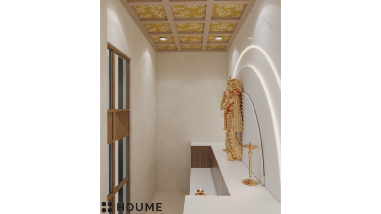 A modern Pooja room design with a white marble backdrop, a golden statue of Lord Krishna, and warm lighting. B
