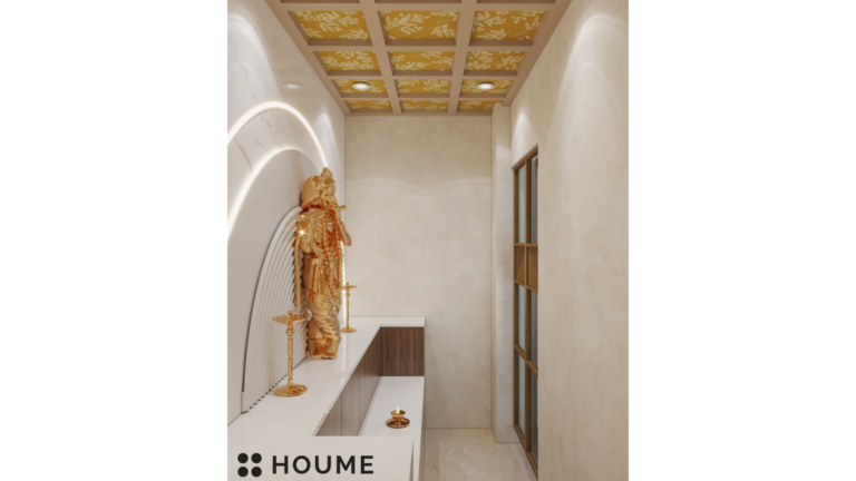 A modern Pooja room design with a white marble backdrop, a golden statue of Lord Krishna, and warm lighting. C