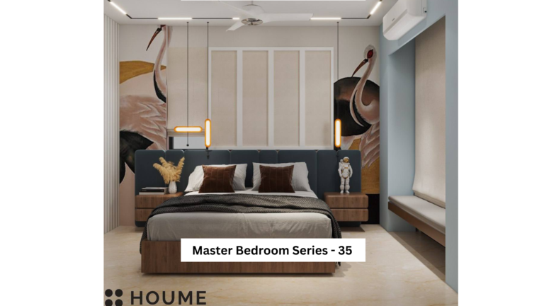 A modern master bedroom with a blue headboard, featuring artwork of cranes on the wall behind the bed A