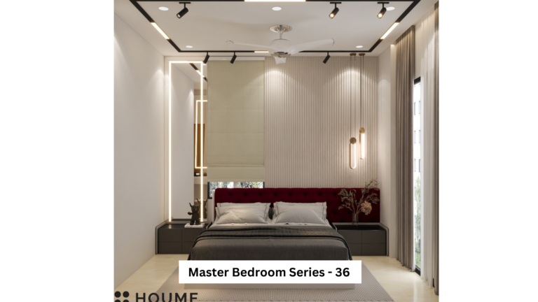 A modern master bedroom with a deep red headboard, pendant lights, and a mirrored accent wall. A