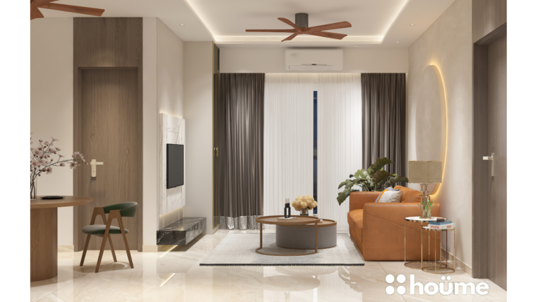 A modern living room design with a brown leather sofa, accented with orange pillows, facing a circular backlit wall feature. E