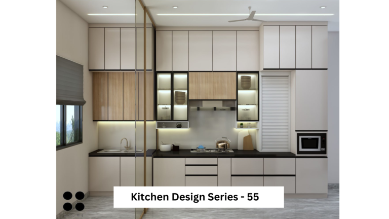 A modern, minimalist kitchen with white and wood cabinetry, integrated appliances, and a sleek black countertop. A