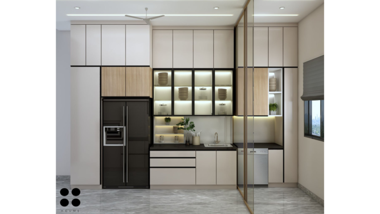 A modern, minimalist kitchen with white and wood cabinetry, integrated appliances, and a sleek black countertop. B