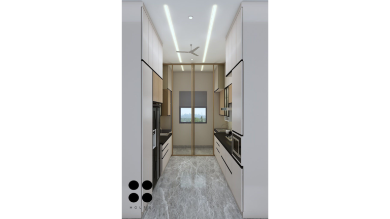 A modern, minimalist kitchen with white and wood cabinetry, integrated appliances, and a sleek black countertop. C