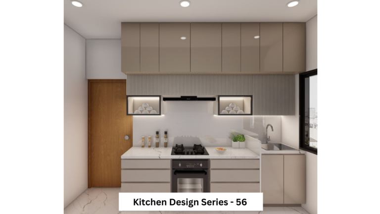 A modern kitchen with beige cabinets, a black countertop, and a textured backsplash. A