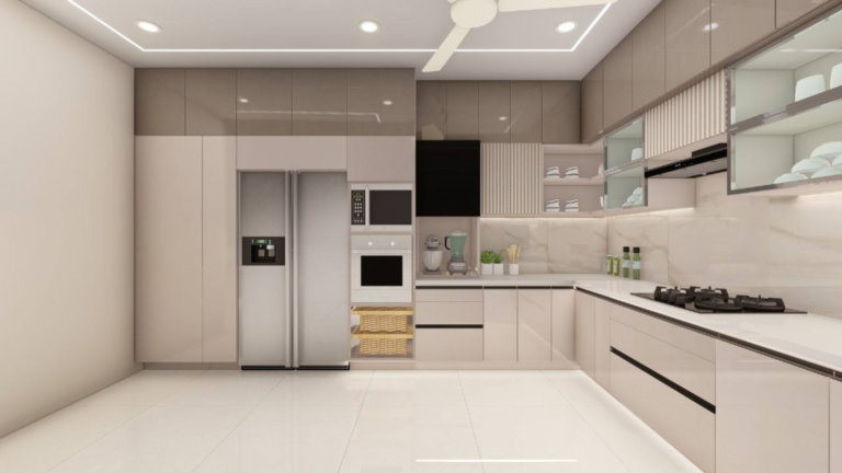 A modern L-shaped kitchen with beige cabinets, a marble backsplash, and integrated appliances. B