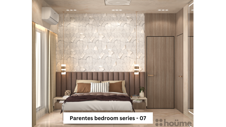 A modern and elegant bedroom with a geometric patterned wallpaper, a tufted headboard, and wooden accents. A