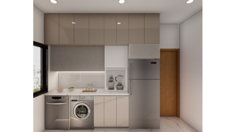 A modern kitchen with beige cabinets, a black countertop, and a textured backsplash. B
