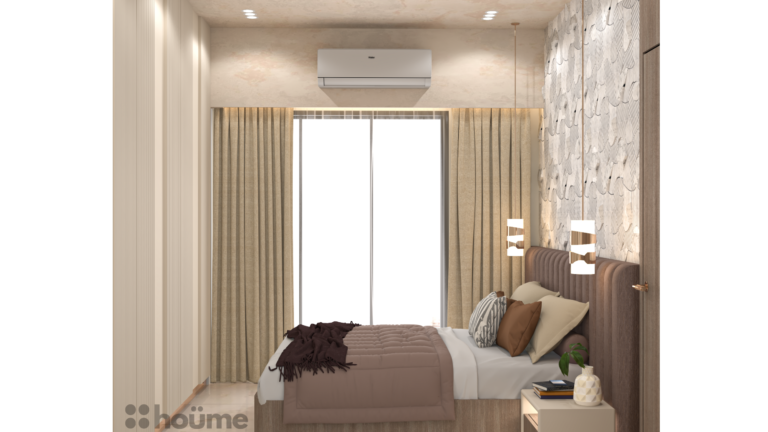 A modern and elegant bedroom with a geometric patterned wallpaper, a tufted headboard, and wooden accents. B