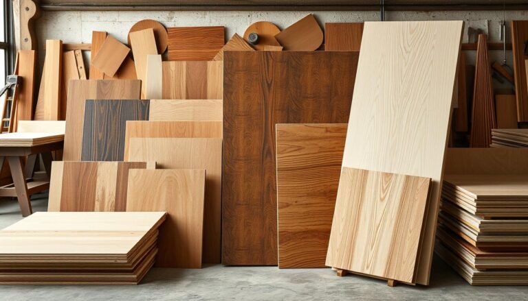 A variety of wood sheets and planks stacked and leaning against a wall in a workshop.