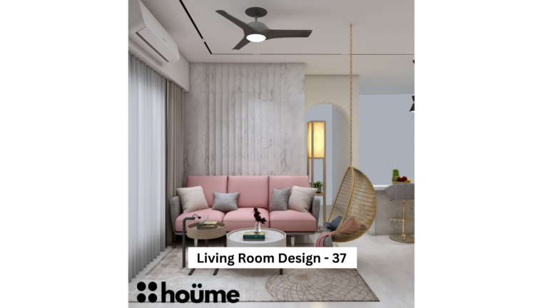 A modern living room with a pink sofa, a hanging rattan chair, and a textured accent wall A