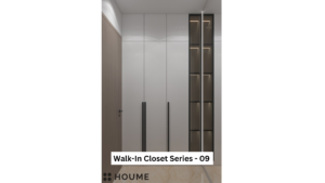 A modern walk-in closet with white and wood-toned cabinetry and integrated lighting. A