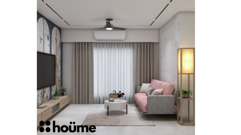 A modern living room with a pink sofa, a hanging rattan chair, and a textured accent wall B