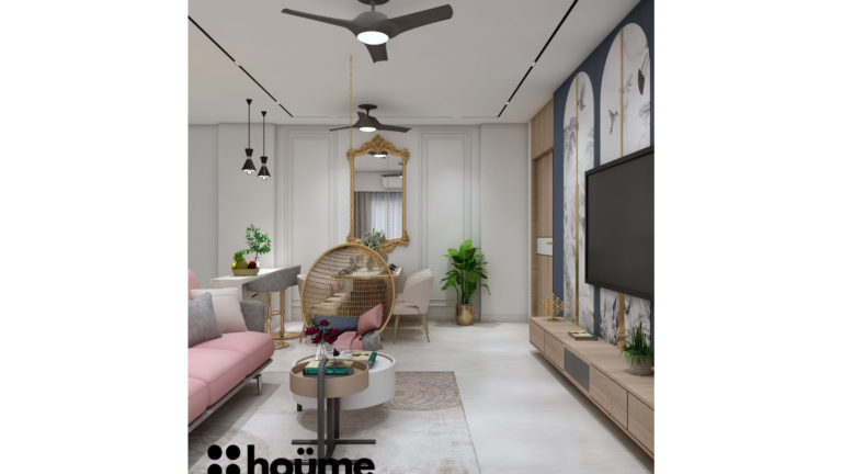 A modern living room with a pink sofa, a hanging rattan chair, and a textured accent wall C