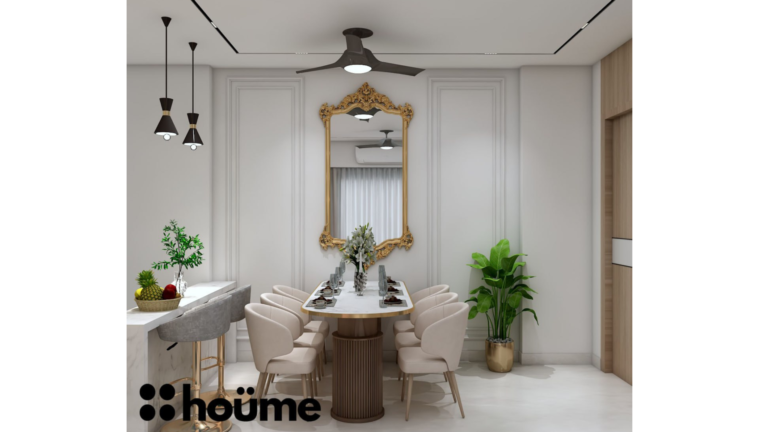 A modern living room with a pink sofa, a hanging rattan chair, and a textured accent wall E