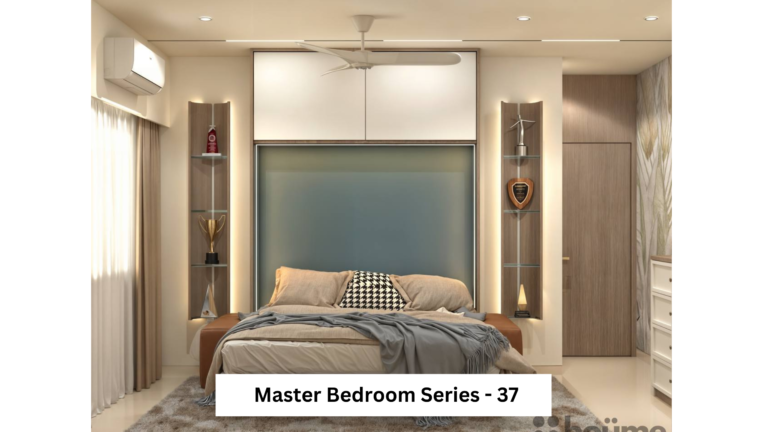 A modern master bedroom with a unique headboard design featuring built-in shelves and lighting. A