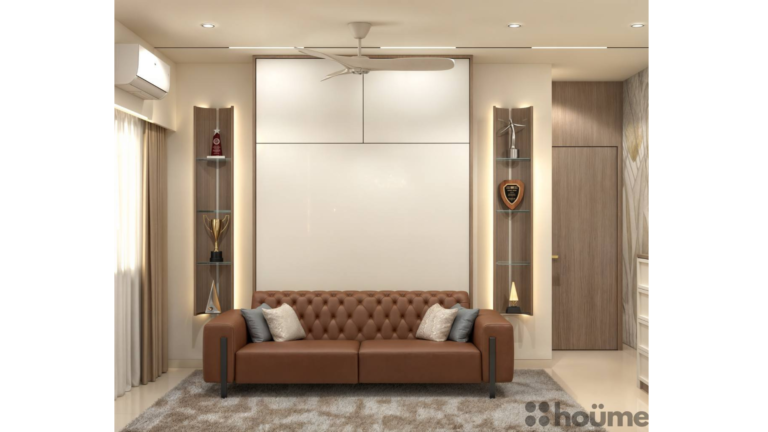 A modern master bedroom with a unique headboard design featuring built-in shelves and lighting. B