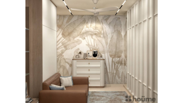 A modern master bedroom with a unique headboard design featuring built-in shelves and lighting. C