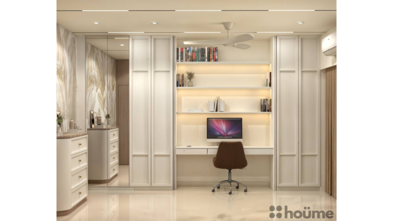 A modern master bedroom with a unique headboard design featuring built-in shelves and lighting. D