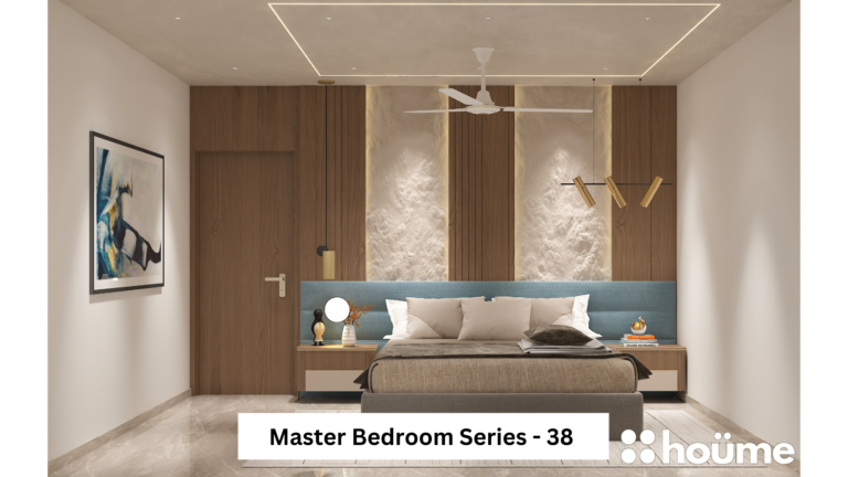 A modern master bedroom with a wood-paneled accent wall, featuring a textured headboard and sleek wall sconces. A