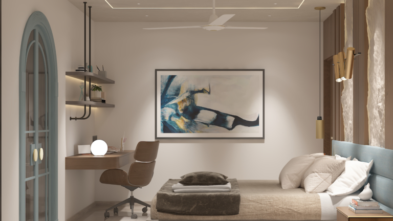 A modern master bedroom with a wood-paneled accent wall, featuring a textured headboard and sleek wall sconces. B