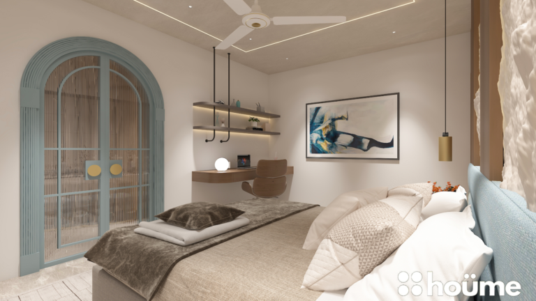 A modern master bedroom with a wood-paneled accent wall, featuring a textured headboard and sleek wall sconces. C