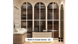 A luxurious walk-in closet with arched glass doors, a central island, and a built-in bench. A